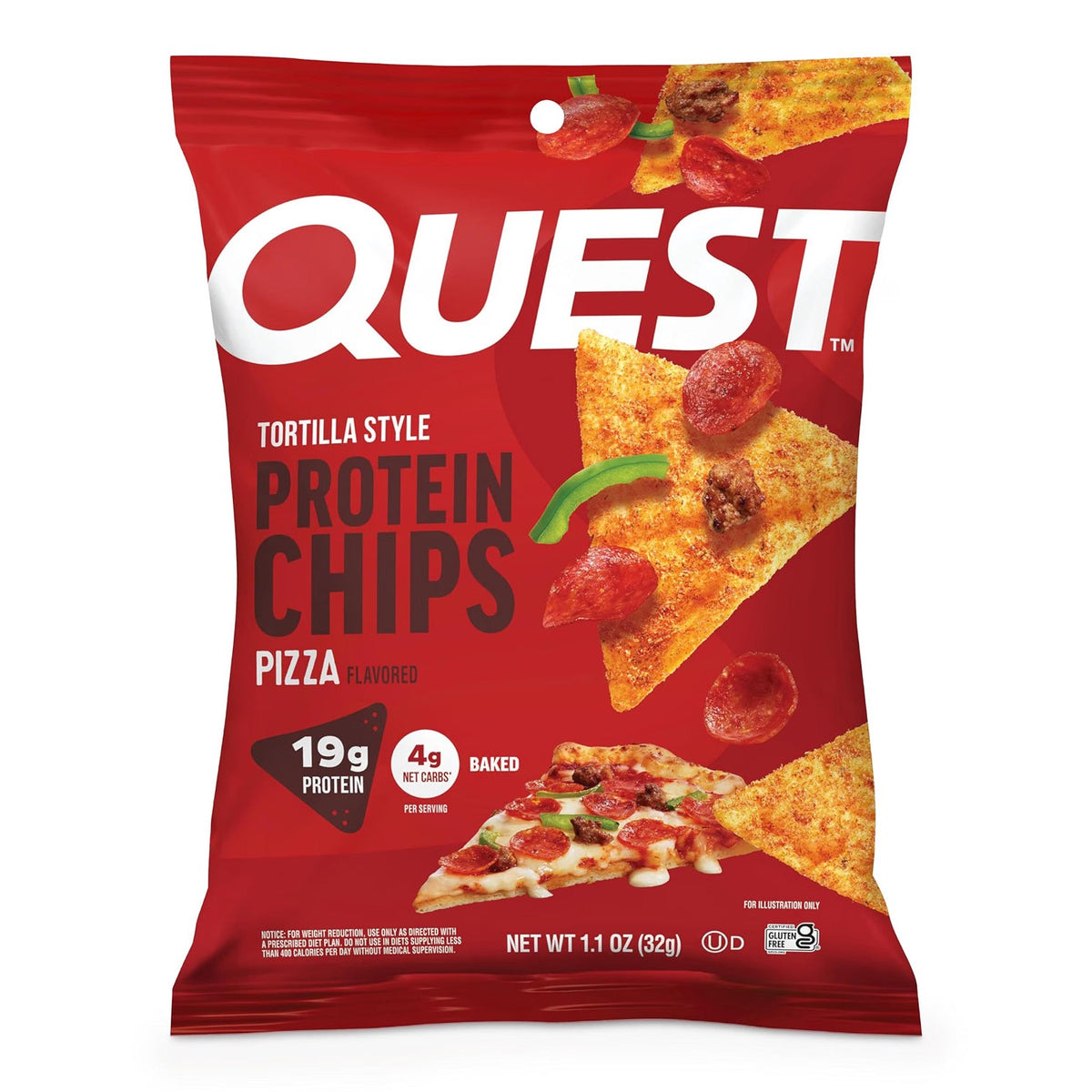Quest Protein Chips Pizza, red bag, tortilla-style baked, 19g protein, 4g net carbs, gluten-free