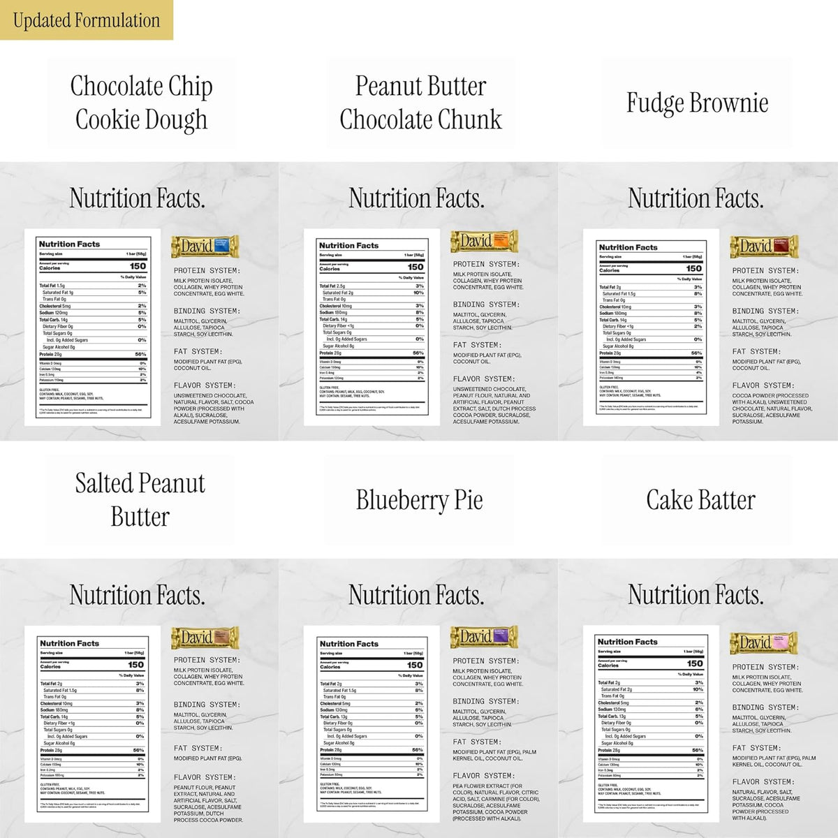 David Protein Bars Nutrition Facts labels — six flavors, 28g protein and 150 calories each