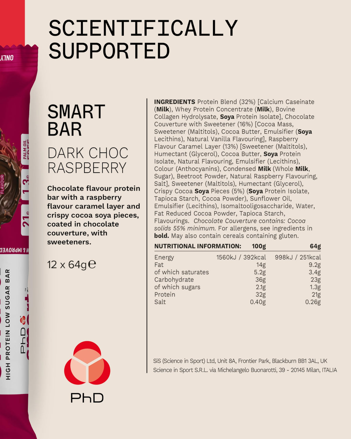 PhD Smart Dark Choc Raspberry protein bar Nutrition Facts and ingredients panel, 12 x 64g