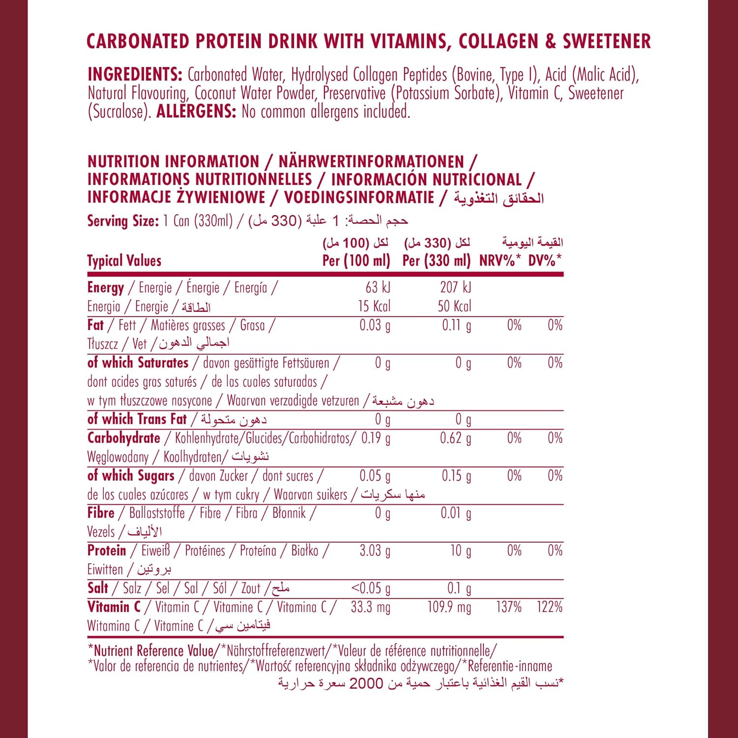 Applied Nutrition Sparkling Protein Collagen Water RTD Supplement Facts label