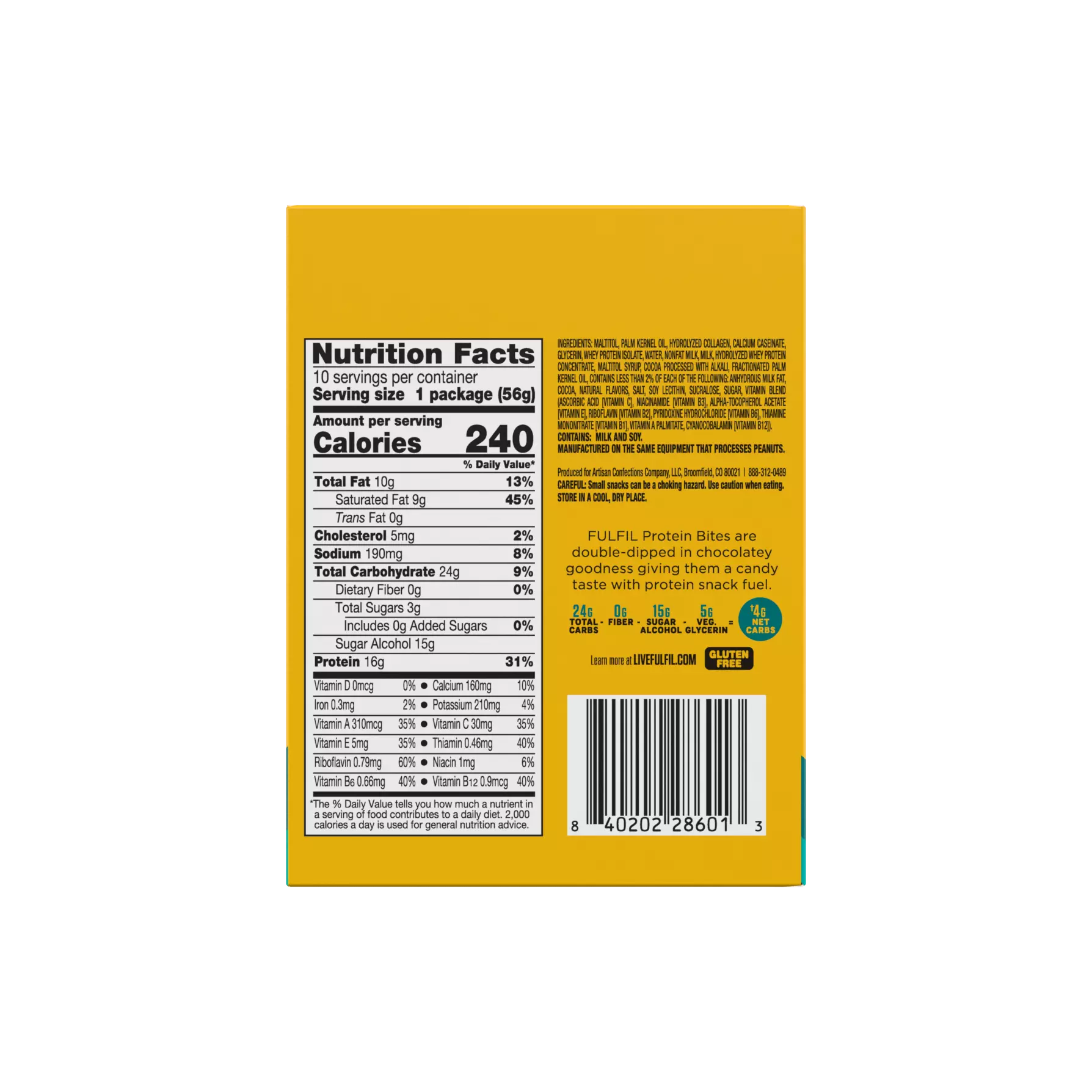 FULFIL GF KETO Protein Bites (1 bag) BB 11/2025 FINAL SALE — back of box showing ingredients and nutrition