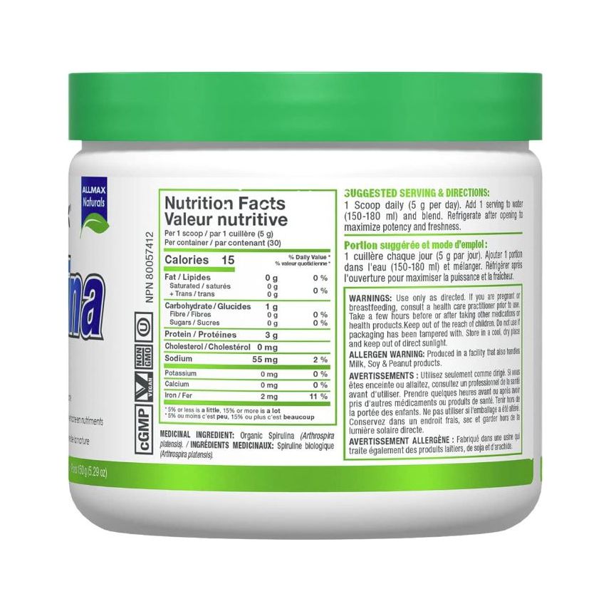 Allmax Nutrition Organic Spirulina Powder (30 servings) BEST BY 05/2025 - Top Nutrition and Fitness