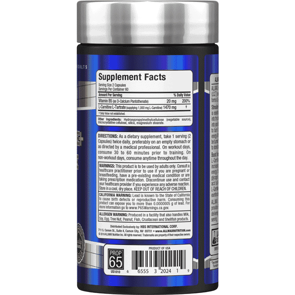 Allmax L-Carnitine Supplement Facts panel — 1,000 mg L-carnitine per 2-capsule serving, 60 servings