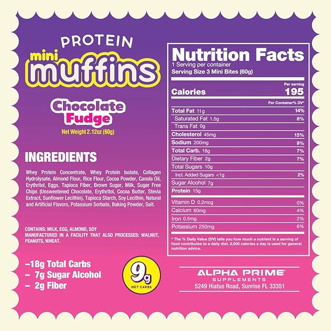 Alpha Prime Mini Keto Protein Muffins (1 pack of 3 mini muffins) - Top Nutrition and Fitness