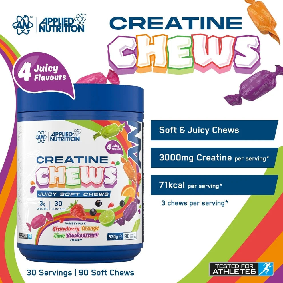 Applied Nutrition Creatine Chews tub with wrapped candies, 3000mg creatine per serving, 4 juicy flavours, 90 soft chews