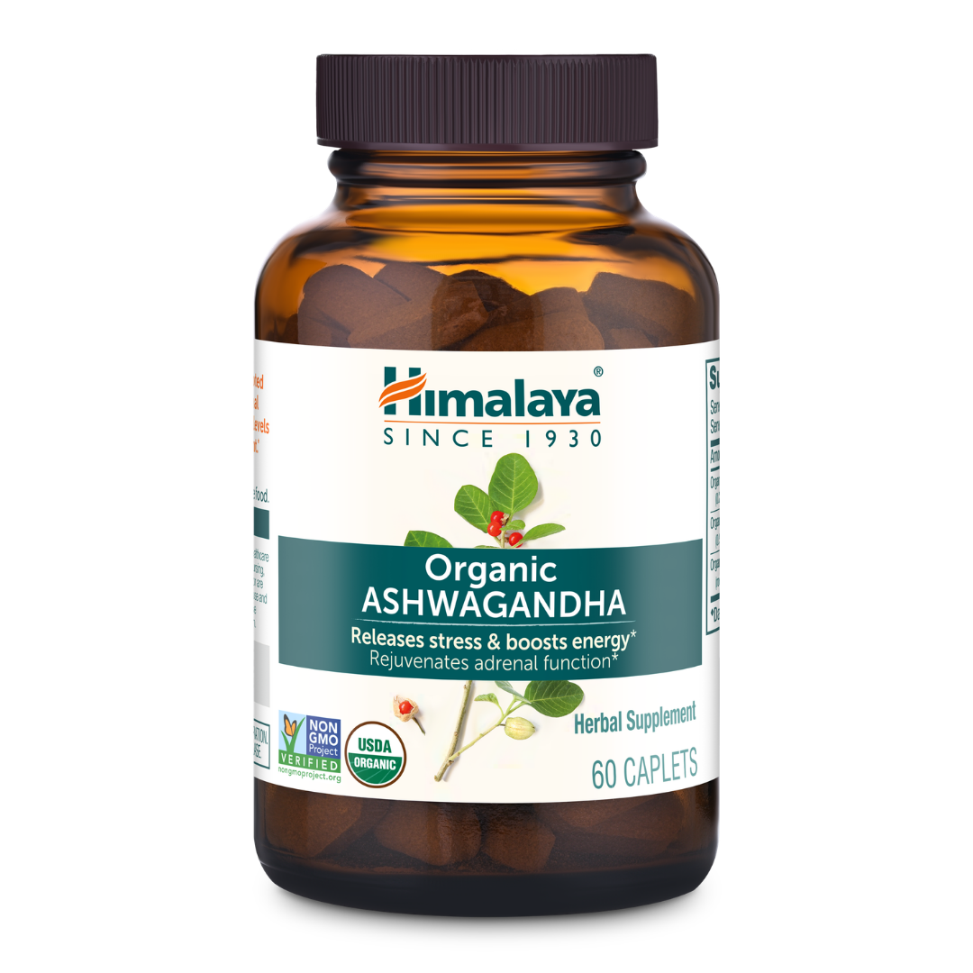 Himalaya Organic Ashwagandha front of bottle — 60 caplets, USDA Organic herbal supplement in Canada