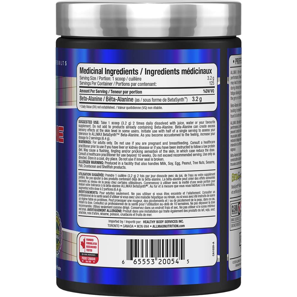 Allmax Beta-Alanine 400g Supplement Facts panel — 3.2 g beta-alanine per scoop, 125 servings, EN/FR label