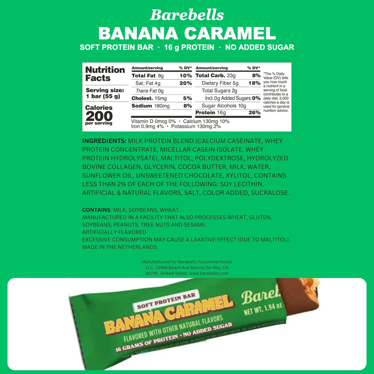 Barebells SOFT Banana Caramel Protein Bar Nutrition Facts and ingredient panel with wrapper — 200 calories, 16g protein, no added sugar