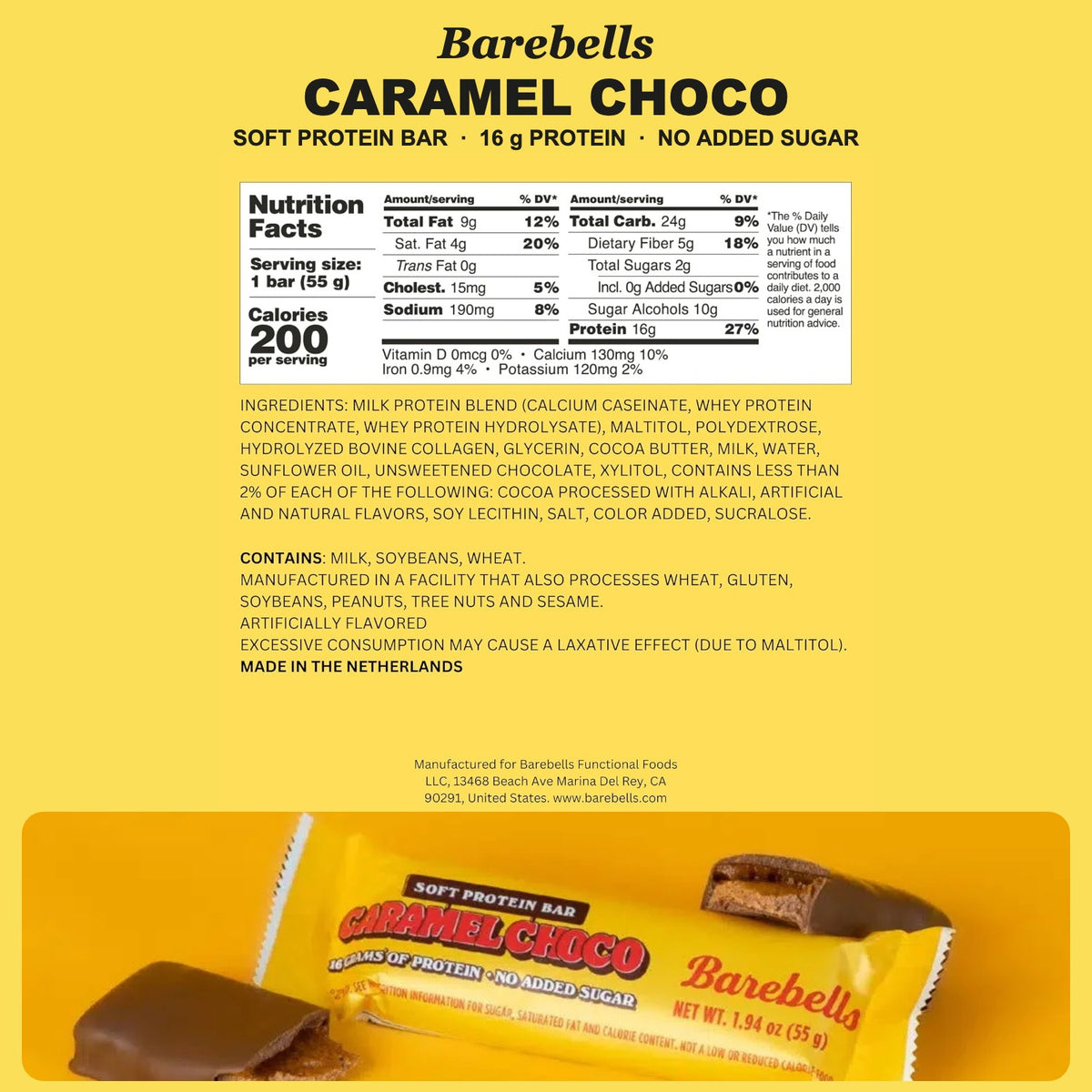 Barebells SOFT Caramel Choco Protein Bar Nutrition Facts and ingredient panel with wrapper — 200 calories, 16g protein, no added sugar