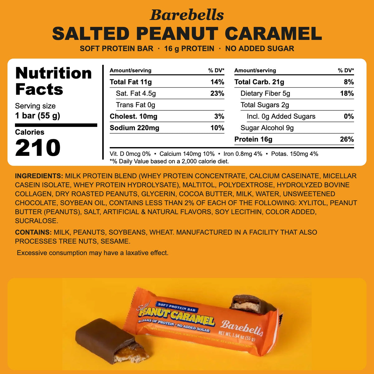 Barebells SOFT Salted Peanut Caramel Protein Bar Nutrition Facts and ingredient panel with wrapper — 210 calories, 16g protein, no added sugar