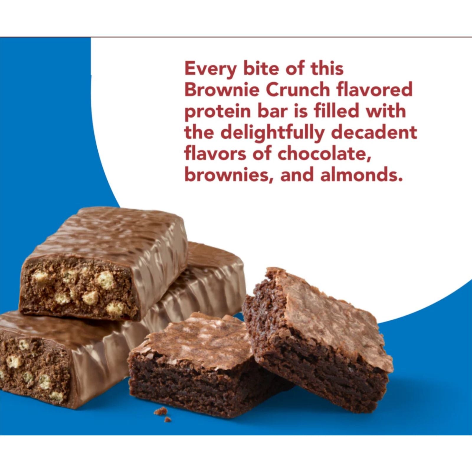 think! High Protein Bar Brownie Crunch — chocolate-coated bar with brownie pieces, flavor infographic