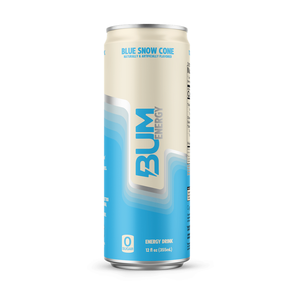 BUM Energy Blue Snow Cone energy drink can — zero sugar, 112 mg natural caffeine, 355 ml (Canada)