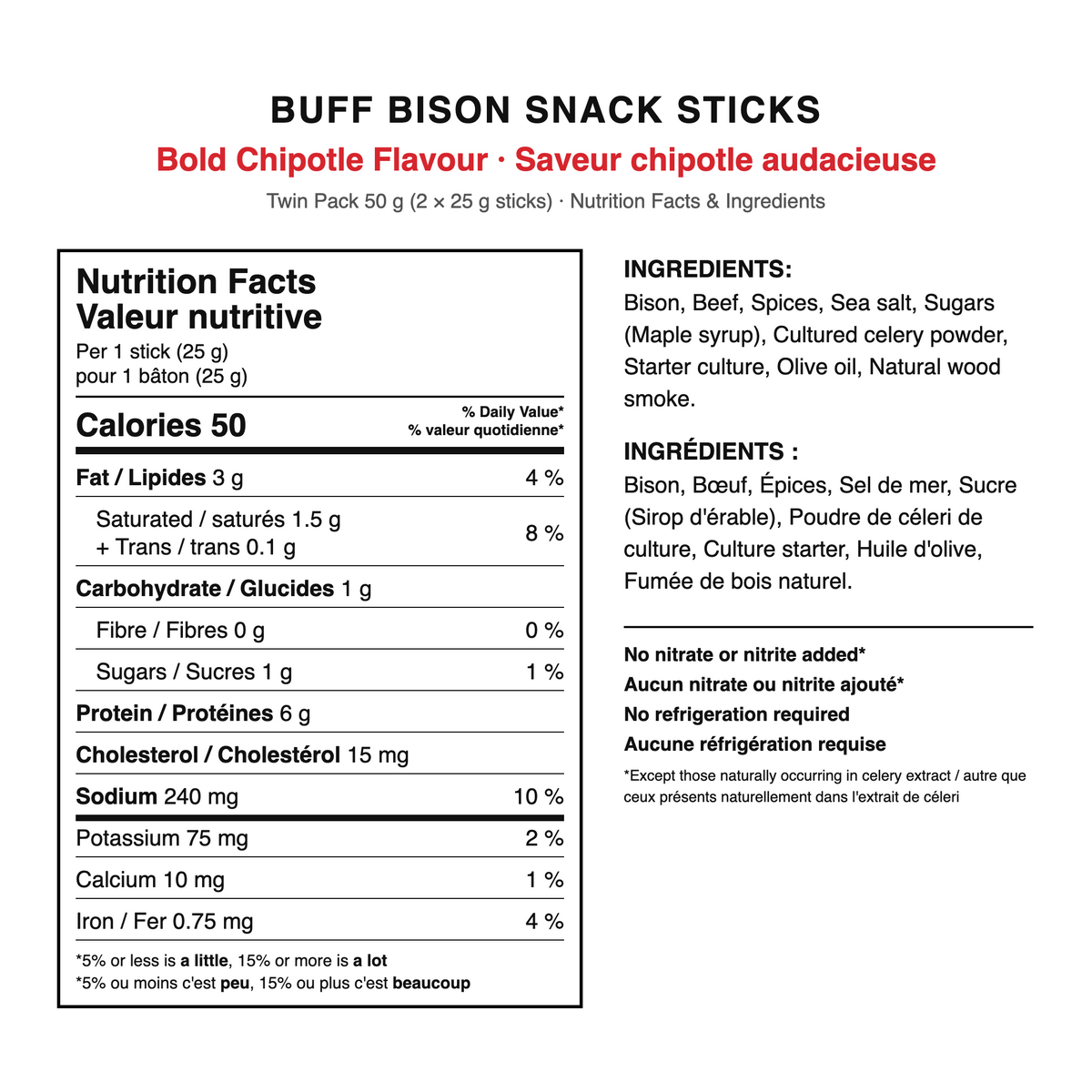 BUFF Bold Chipotle Flavour bison snack sticks twin pack nutrition facts and ingredients, per 1 stick (25 g): 50 calories, 6 g protein, 1 g sugar
