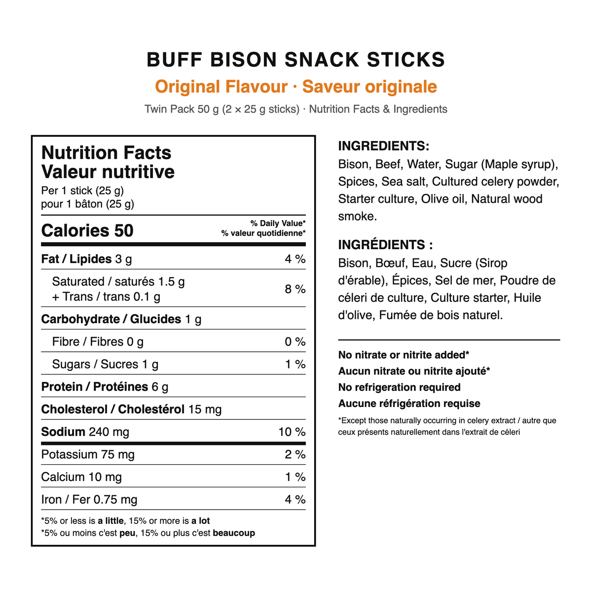 BUFF Original Flavour bison snack sticks twin pack nutrition facts and ingredients, per 1 stick (25 g): 50 calories, 6 g protein, 1 g sugar