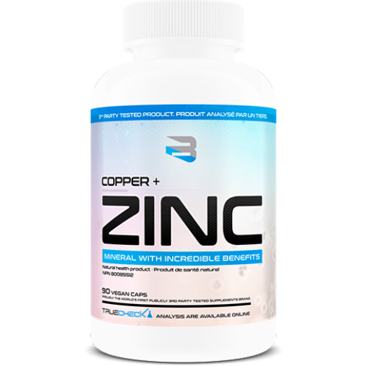 Believe Copper + Zinc front of bottle, 90 vegan capsules, third-party tested zinc and copper mineral supplement