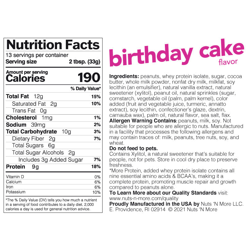 Nuts 'n More Birthday Cake Peanut Butter Spread Nutrition Facts label — 9g protein with sprinkles