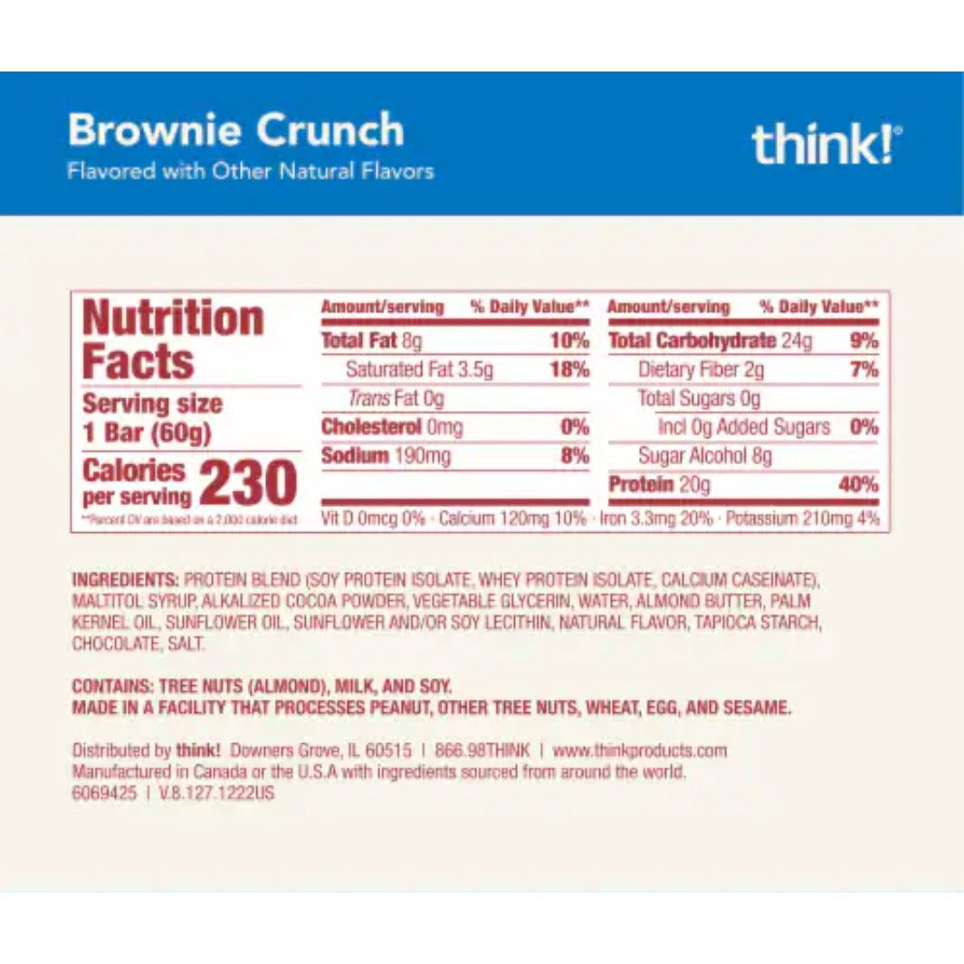 think! High Protein Bar Brownie Crunch Nutrition Facts label — 20g protein, 230 calories per bar