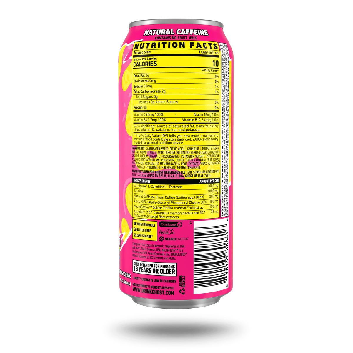 GHOST Energy USA Bubblicious Original — Nutrition Facts label, 16 fl oz can, 200mg natural caffeine