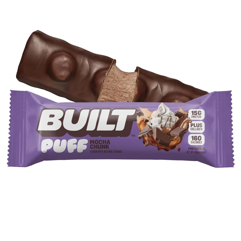 Built Puff Mocha Chunk protein bar with puffy cocoa center and dark chocolate coating, 15 g protein, 160 calories