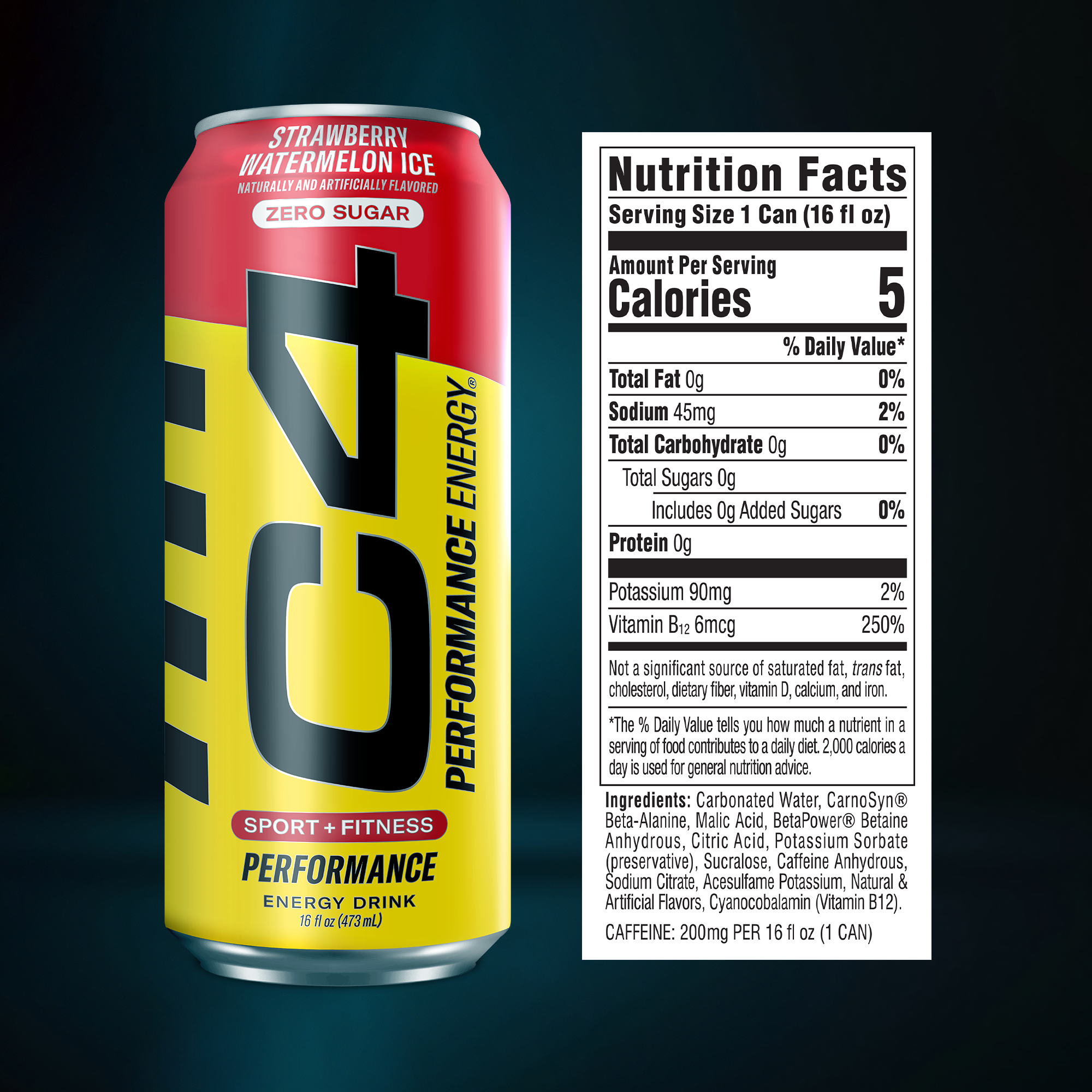 Cellucor C4 Original Carbonated Energy Drink Nutrition Facts panel — 200mg caffeine, 0 sugar