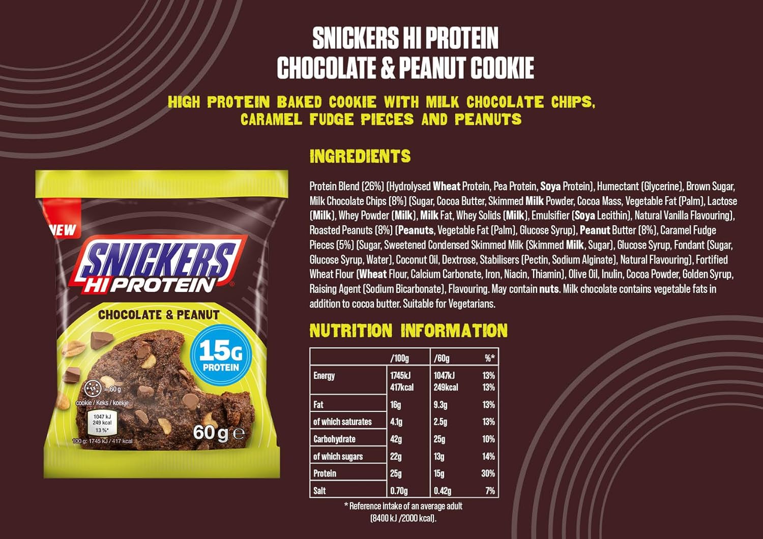 Snickers Hi-Protein Chocolate & Peanut Cookie Nutrition Facts label — 15g protein per 60g cookie, with ingredients