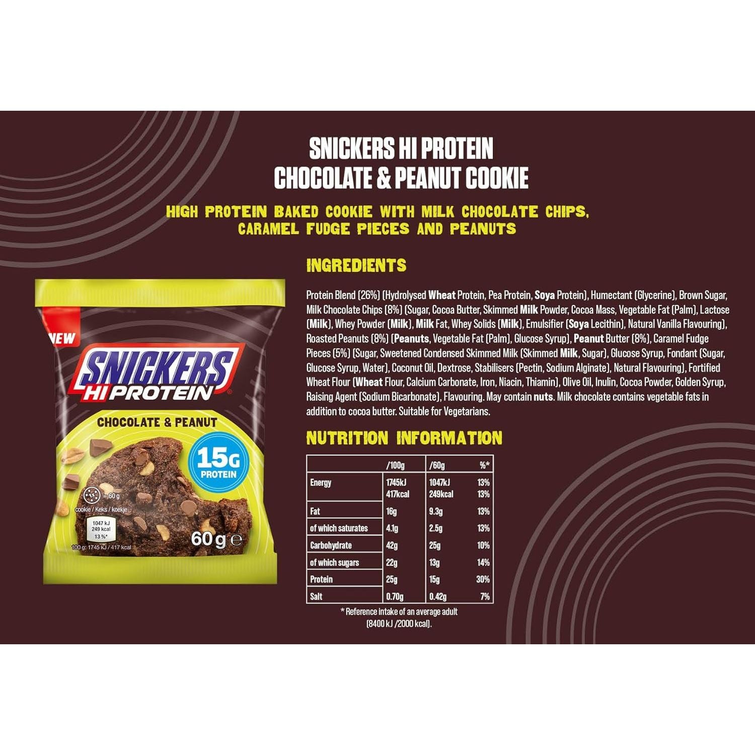 Snickers Hi-Protein Chocolate & Peanut Cookie Nutrition Facts label — 15g protein per 60g cookie, with ingredients
