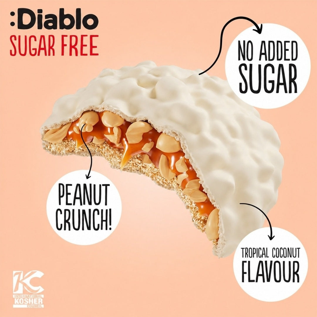 Diablo Coconut Cookie cross-section showing caramel, peanuts and white coating over a coconut base