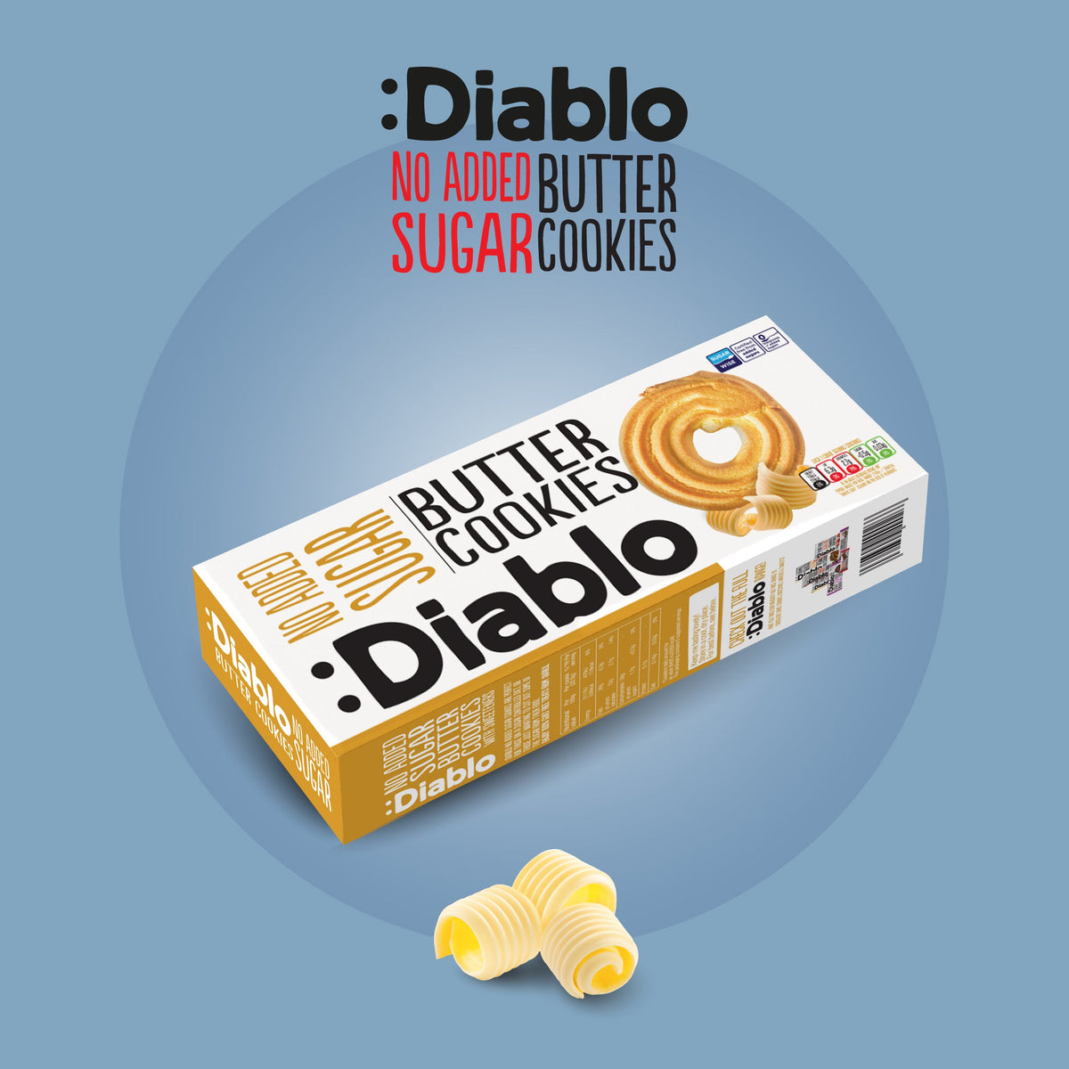 Diablo No Added Sugar Butter Cookies 135g box shown at an angle with decorative butter curls