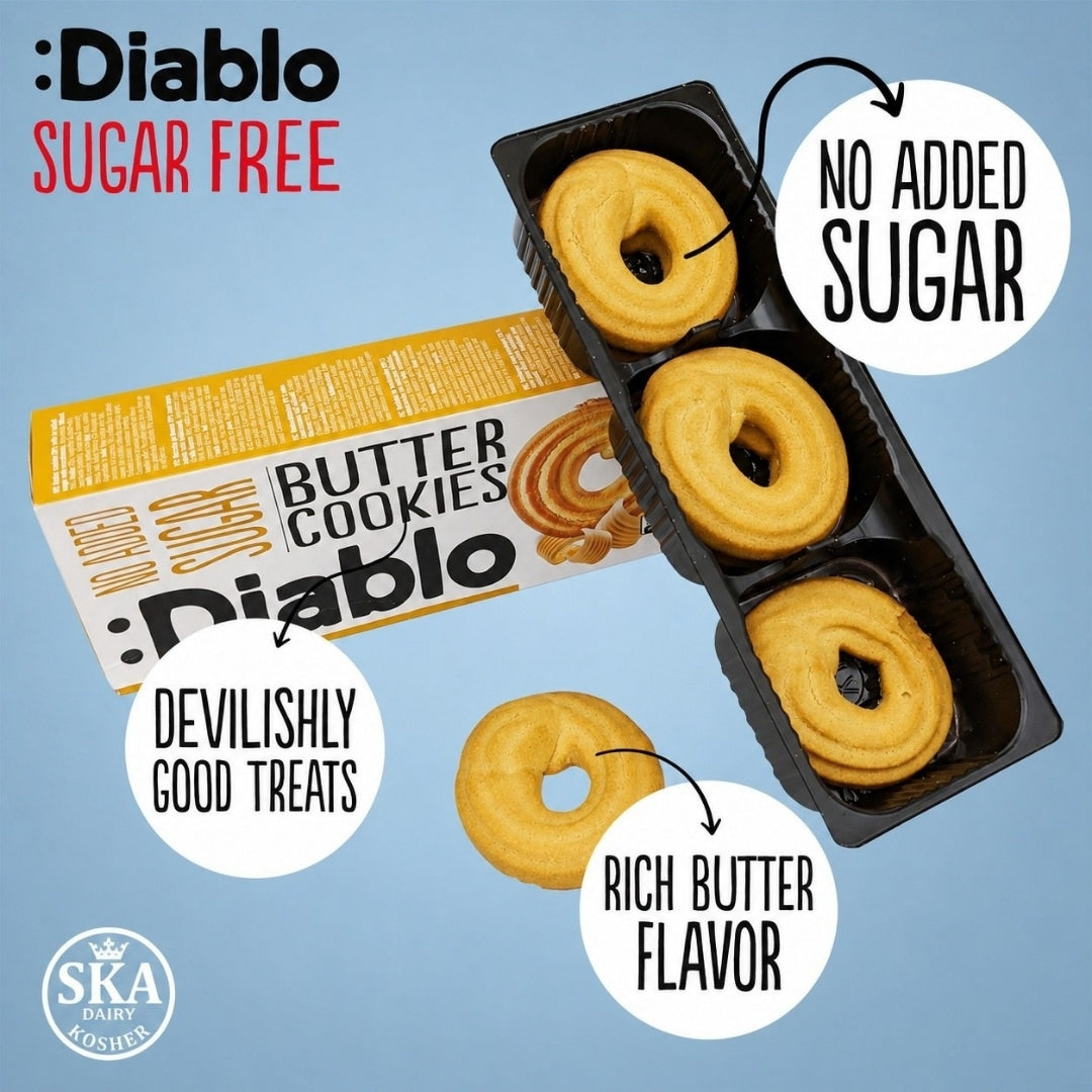 Diablo No Added Sugar Butter Cookies box with an open tray of ring-shaped golden butter biscuits