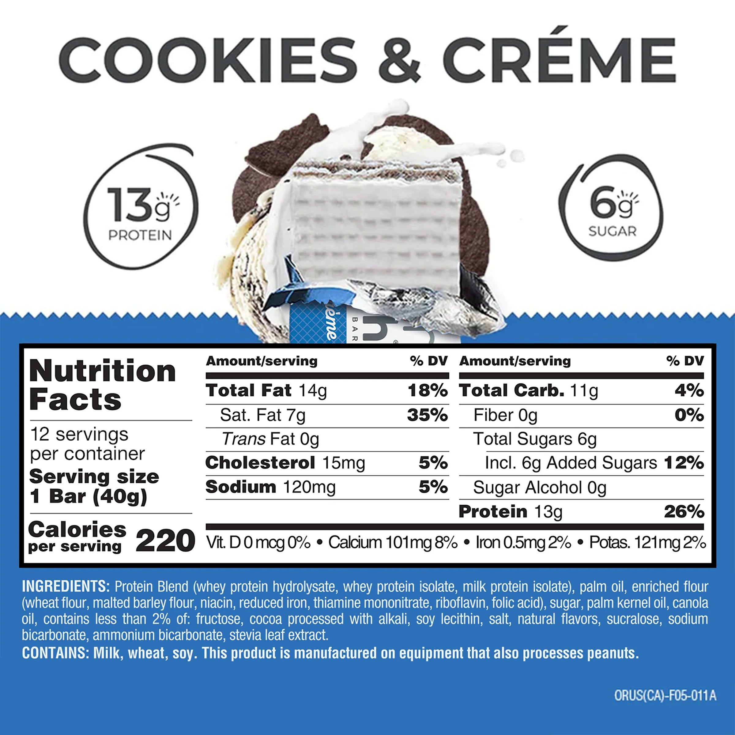 Power Crunch Protein Bar Cookies and Creme Nutrition Facts label — 13g protein, 6g sugar per bar