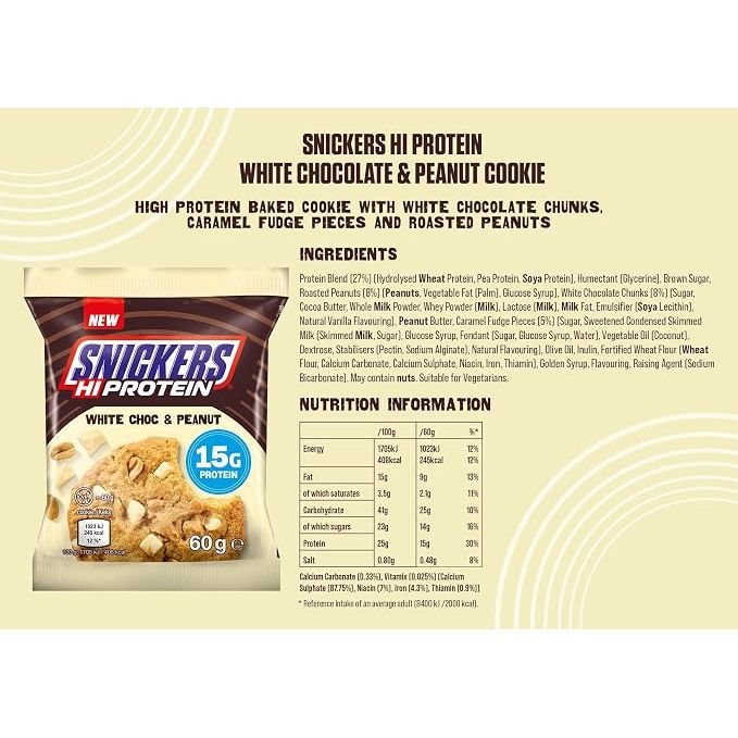 Snickers Hi-Protein White Choc & Peanut Cookie Nutrition Facts label — 15g protein per 60g cookie, with ingredients