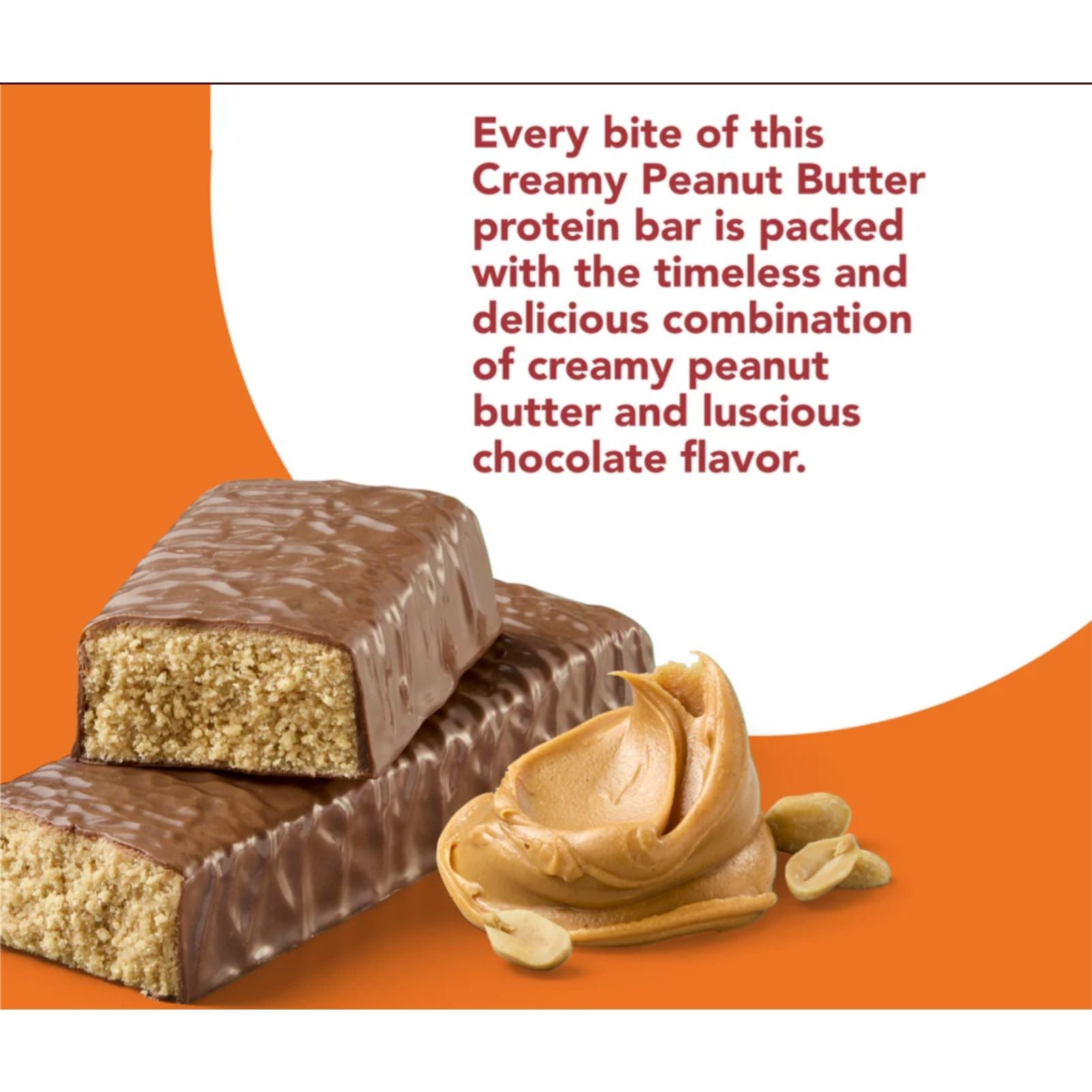 think! High Protein Bar Creamy Peanut Butter — chocolate-coated bar with peanut butter, infographic