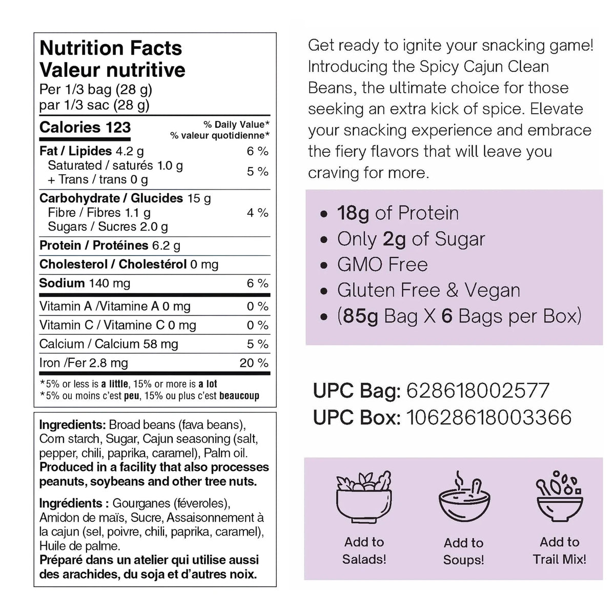 Nutraphase Clean Beans Spicy Cajun Nutrition Facts panel, 123 calories and 18g protein