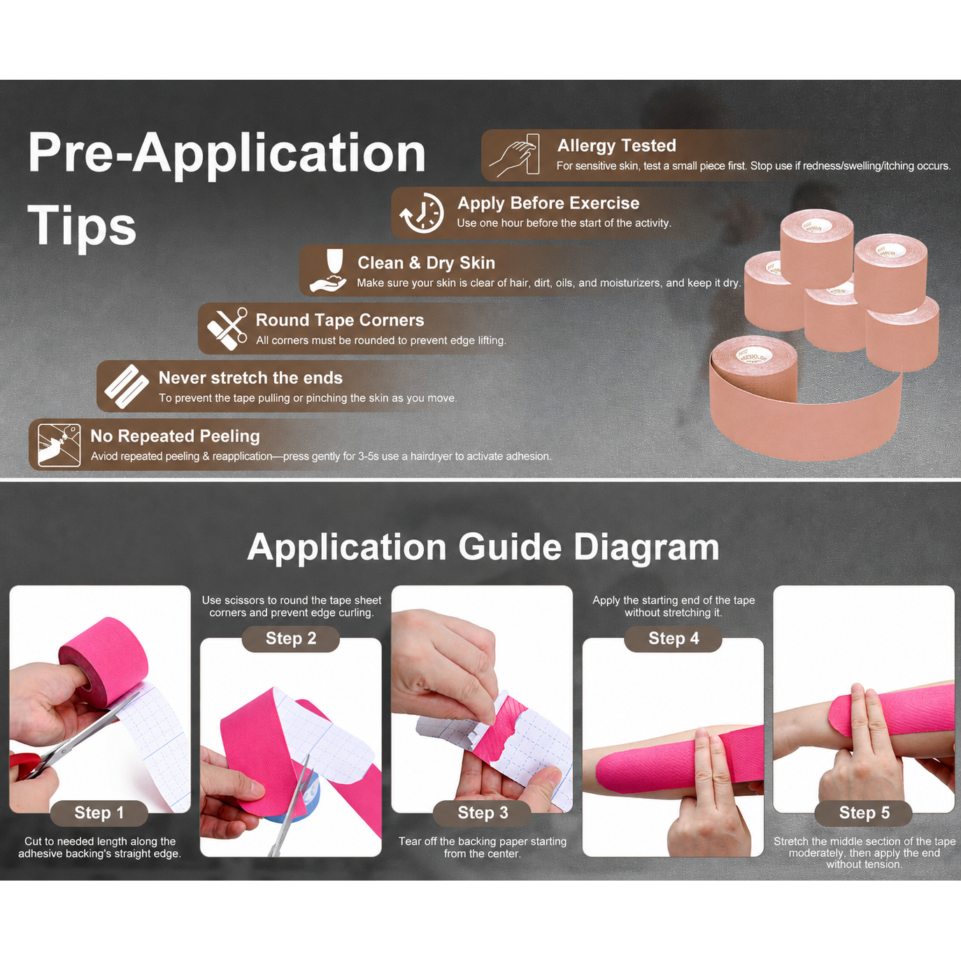 Kinesiology Tape (K-Tape) — pre-application tips plus 5-step application guide diagram for taping