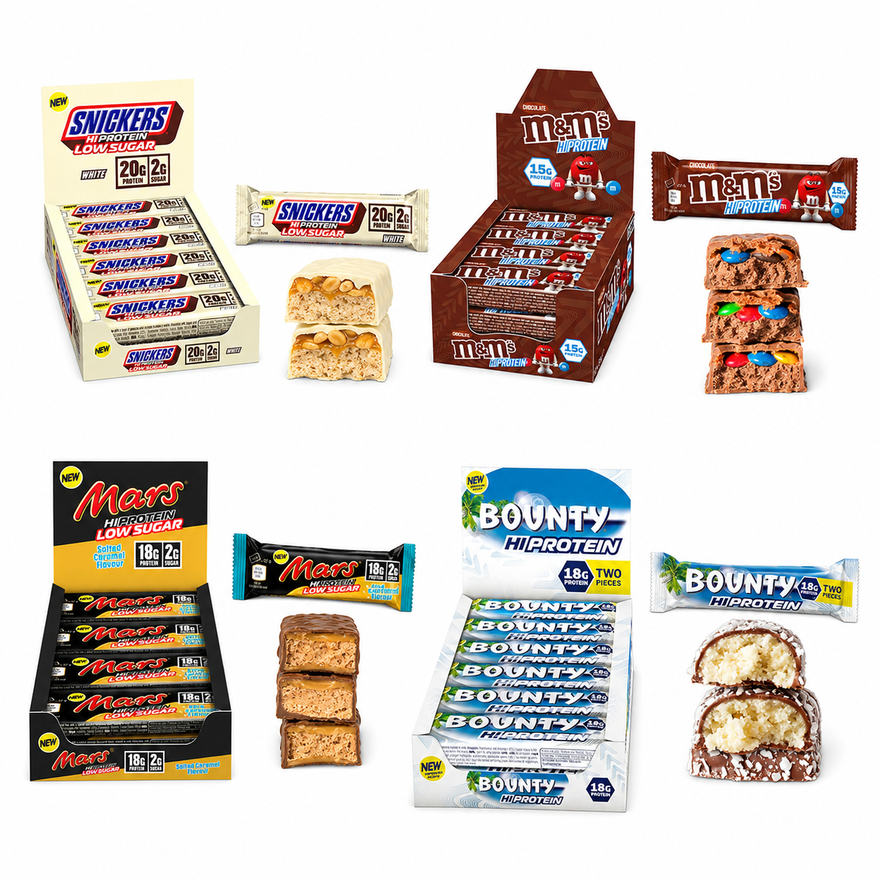 Snickers, M&M's, Mars & Bounty Hi-Protein bars — boxes, bars and cross-sections, protein snack variety in Canada