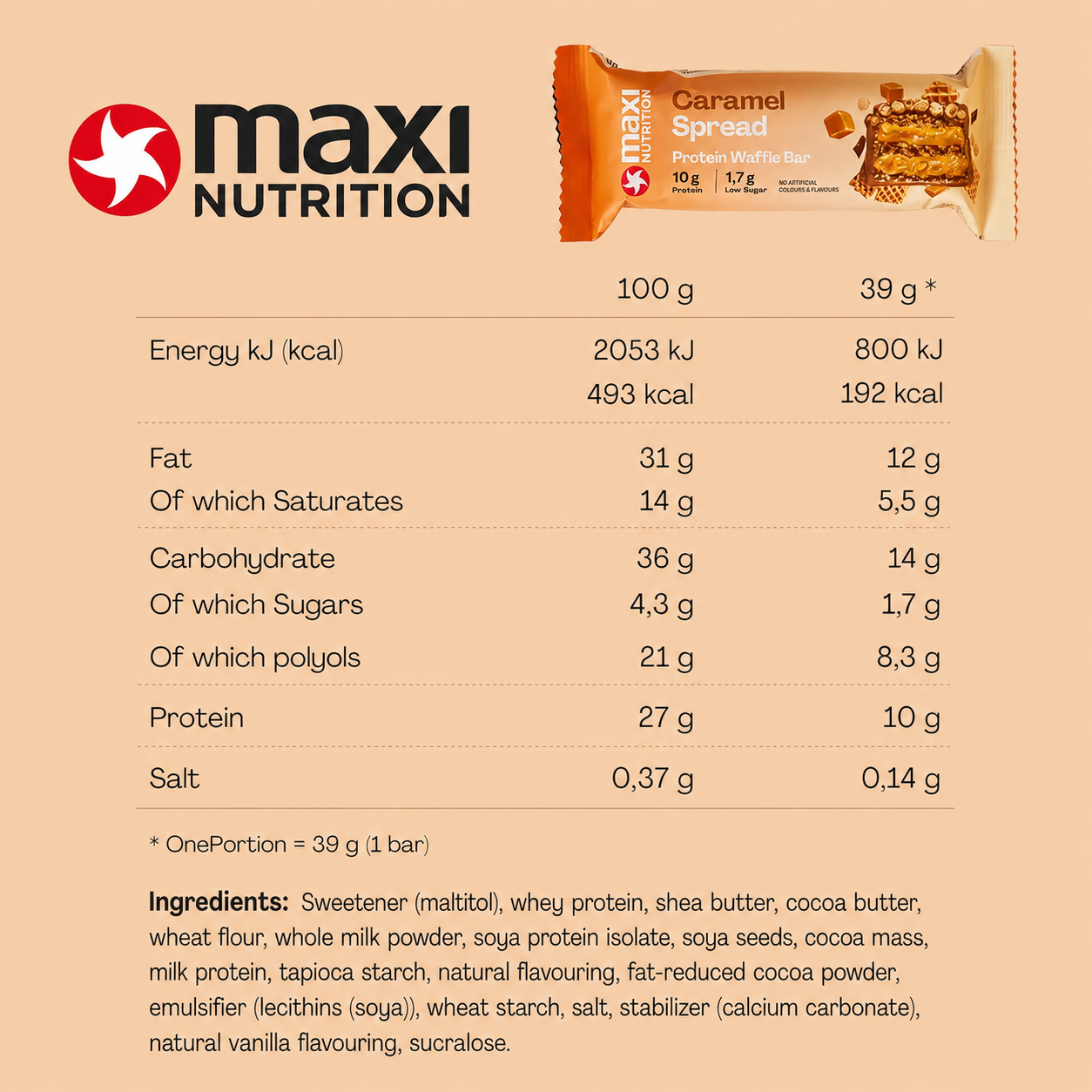 MaxiNutrition Caramel Spread Waffle Bar Nutrition Facts label and ingredients — 10g protein per bar