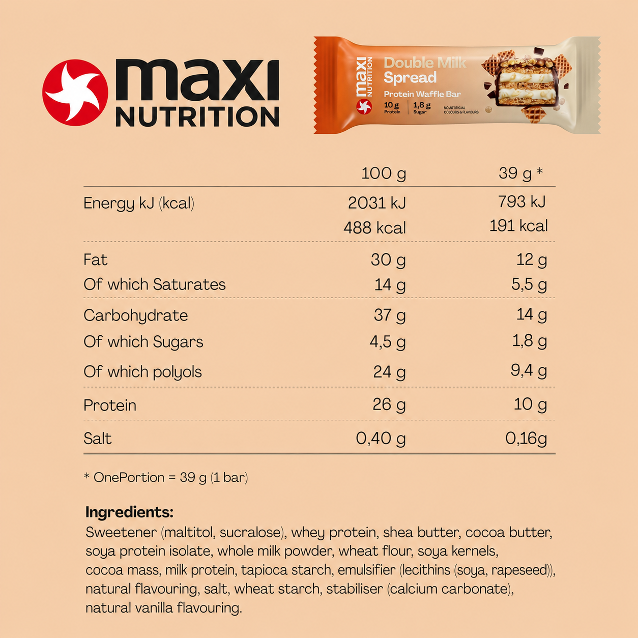 MaxiNutrition Double Milk Spread Waffle Bar Nutrition Facts label and ingredients — 10g protein per bar