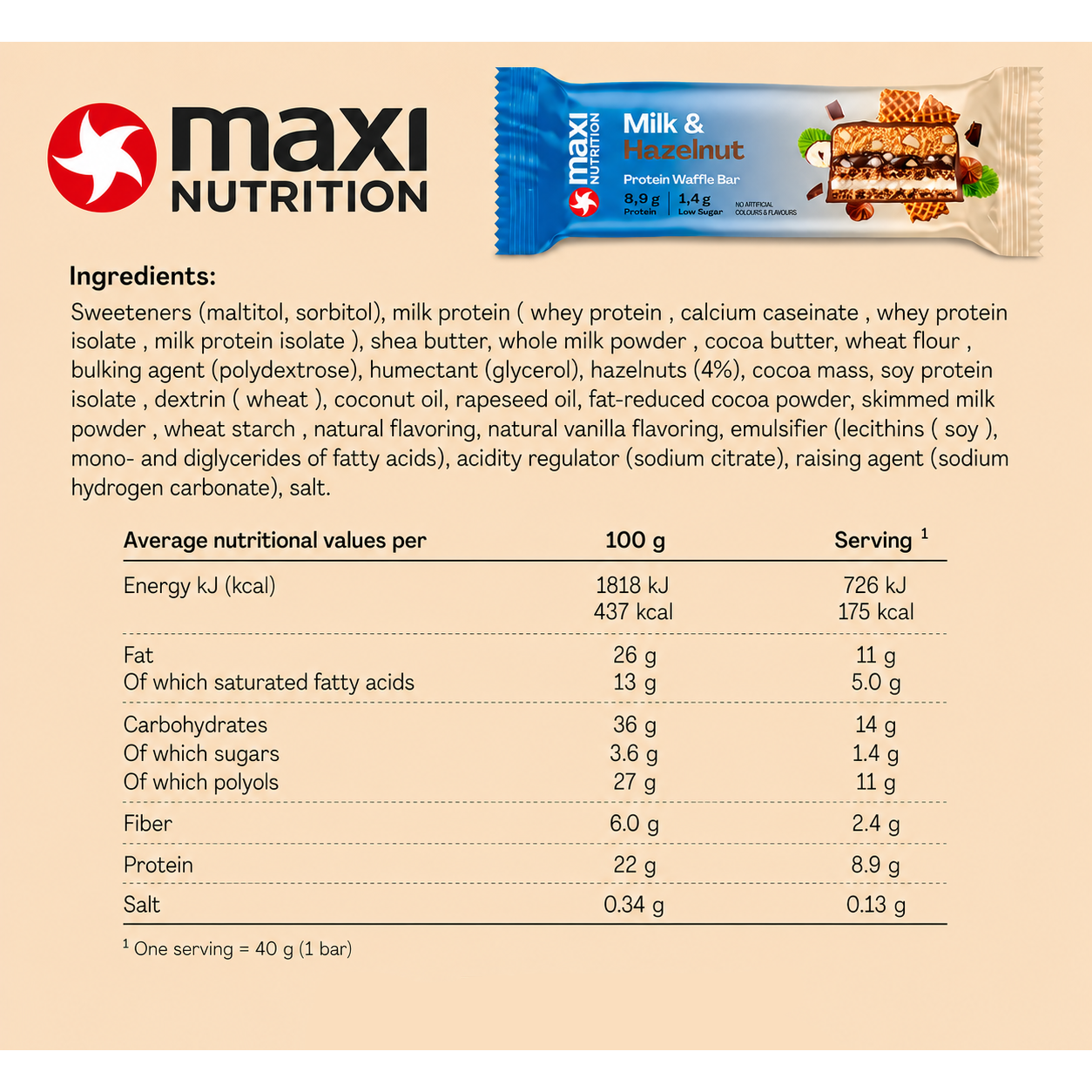 MaxiNutrition Milk & Hazelnut Waffle Bar Nutrition Facts label and ingredients — 8.9g protein per bar
