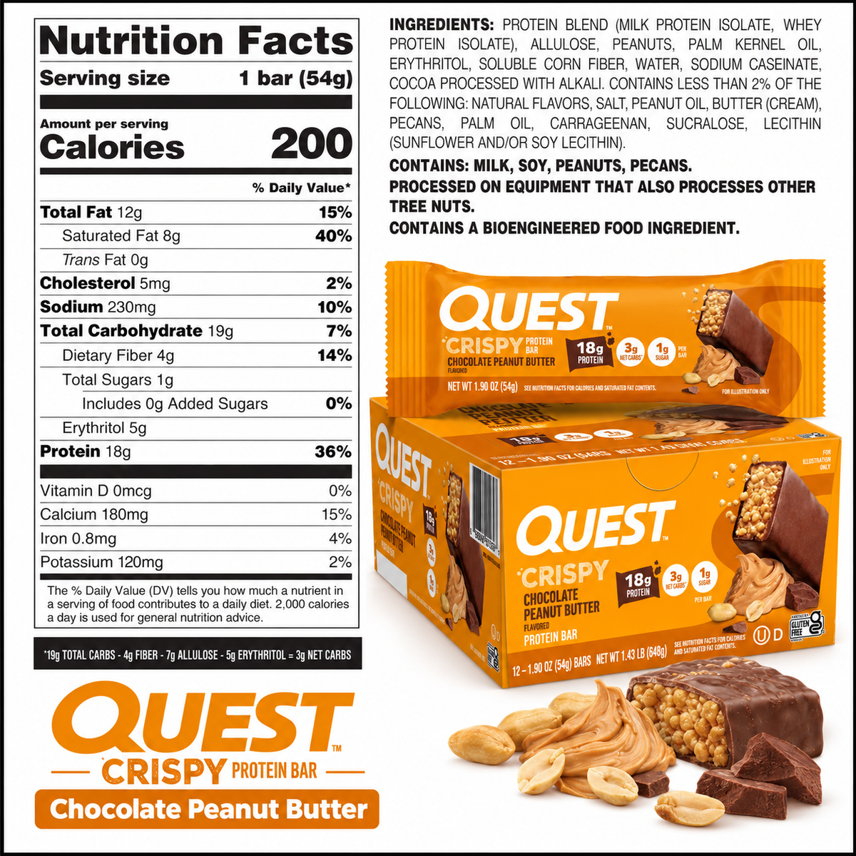 Quest Nutrition Hero Crispy Protein Bar box of 12, crispy candy-style bars with 15-18g protein, 1g sugar