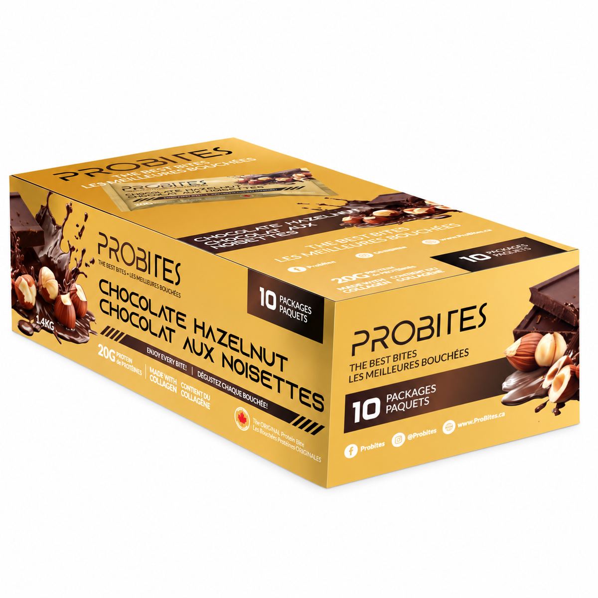 ProBites Chocolate Hazelnut protein bites box of 10, gold box with hazelnuts and chocolate