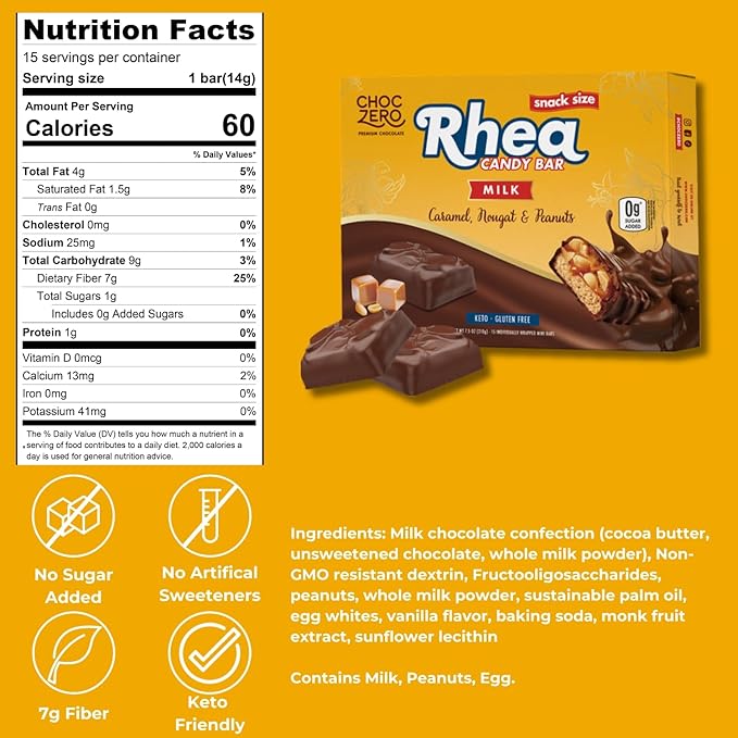 ChocZero Mini Peanut Caramel Rhea Candy Bar (1 box of 15 bars) - Top Nutrition and Fitness