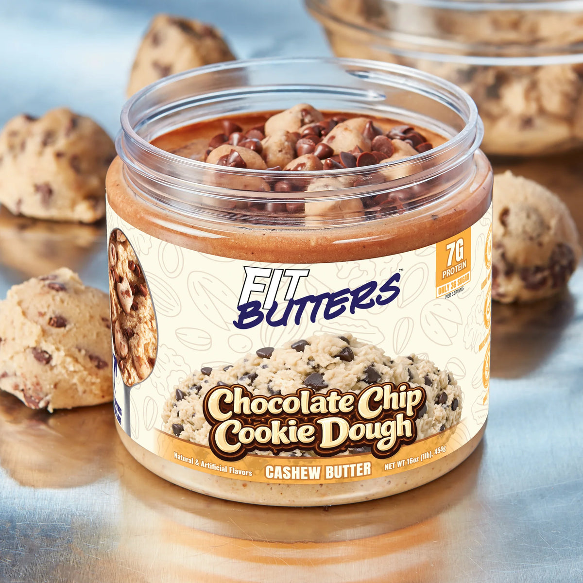 Fit Butter Chocolate Chip Cookie Dough high-protein cashew butter jar, front label with chocolate chips
