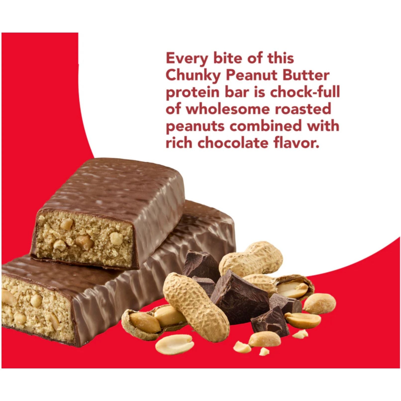think! High Protein Bar Chunky Peanut Butter — chocolate-coated bar with roasted peanuts, infographic
