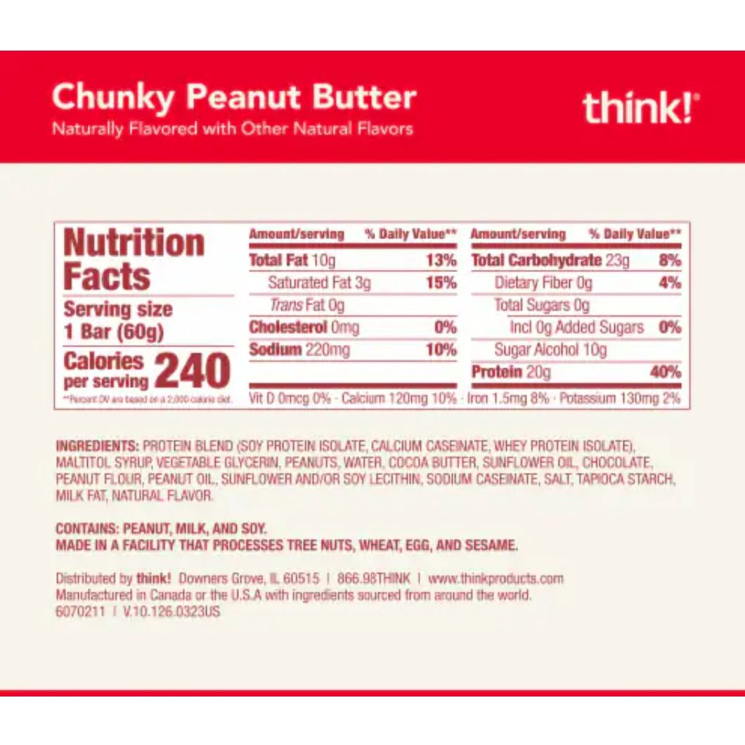 think! High Protein Bar Chunky Peanut Butter Nutrition Facts label — 20g protein, 240 calories per bar