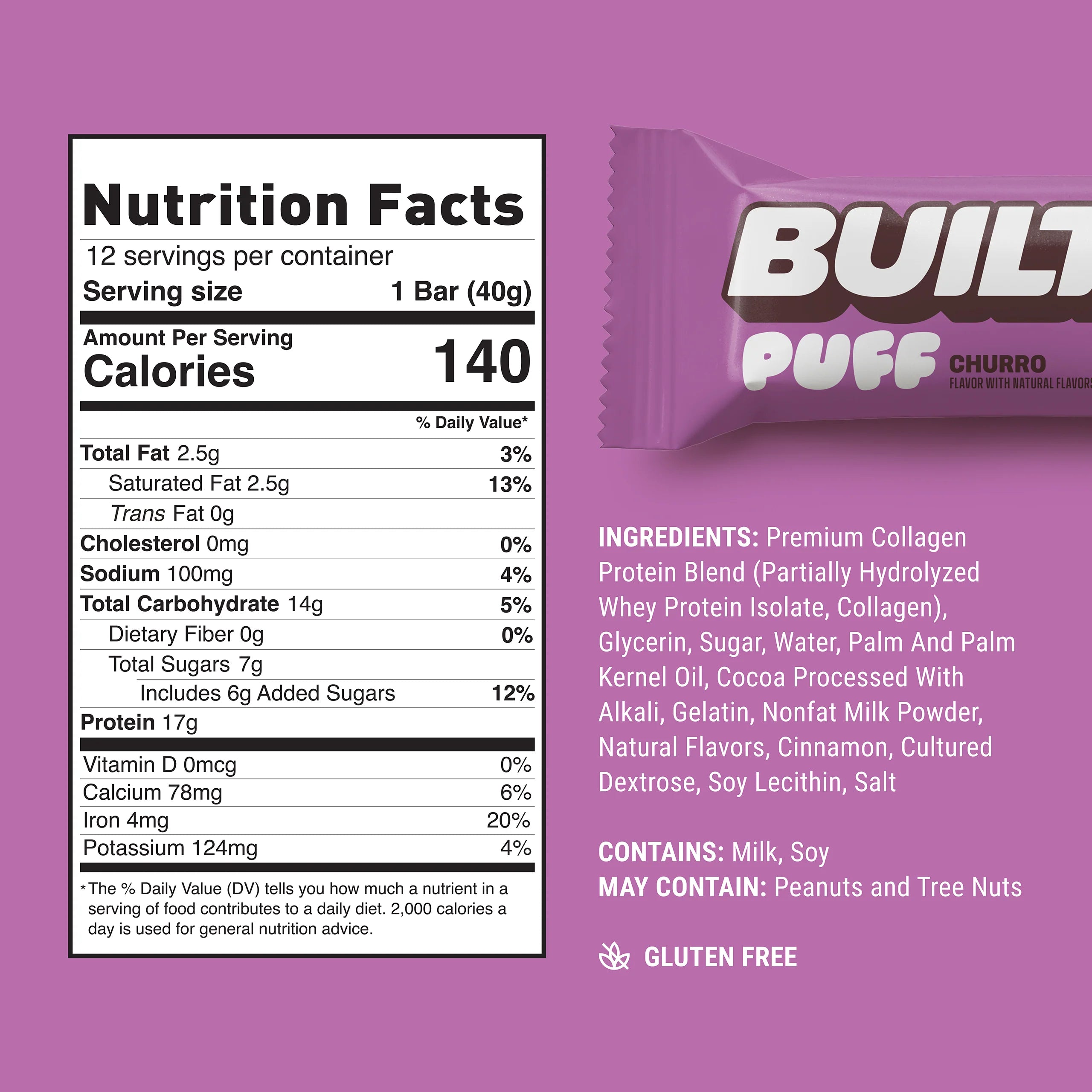 Built Protein Bars & Puffs Nutrition Facts label