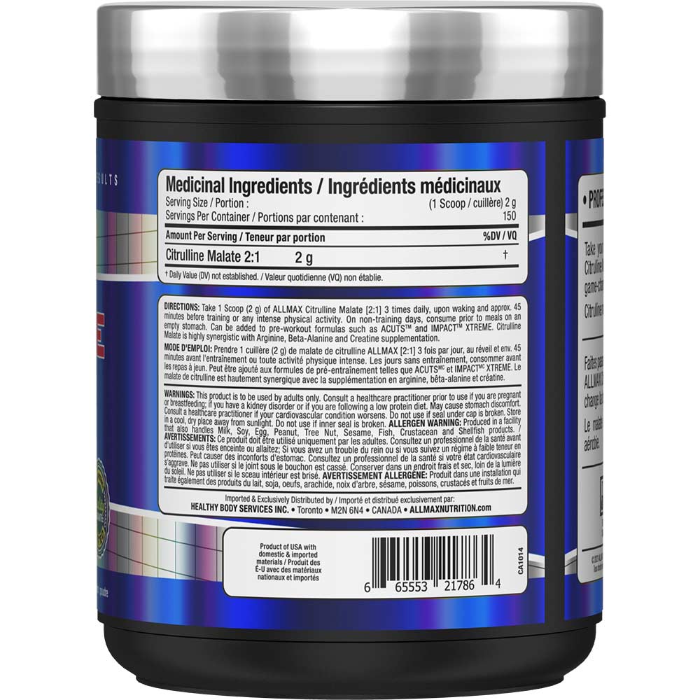 Allmax Citrulline Malate 2:1 Supplement Facts panel — 2 g per scoop, 150 servings, bilingual EN/FR label