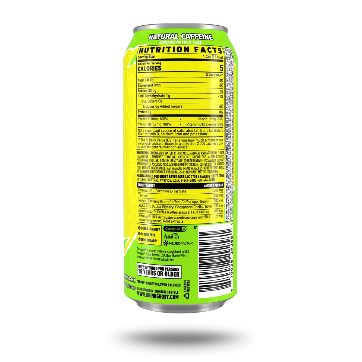 GHOST Energy USA Citrus — Nutrition Facts label, 16 fl oz can, 200mg natural caffeine