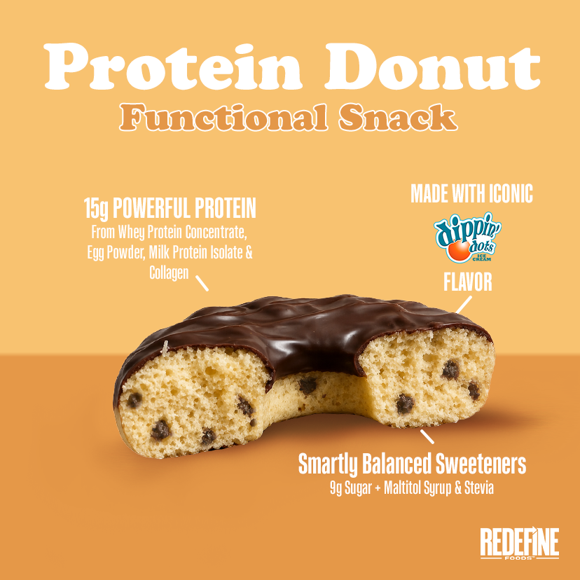 Redefine Foods Cookie Dough Protein Donut cut in half showing soft baked crumb and chocolate glaze