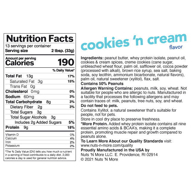 Nuts 'n More Cookies 'N Cream Peanut Butter Spread Nutrition Facts label — 9g protein, 8g carbs