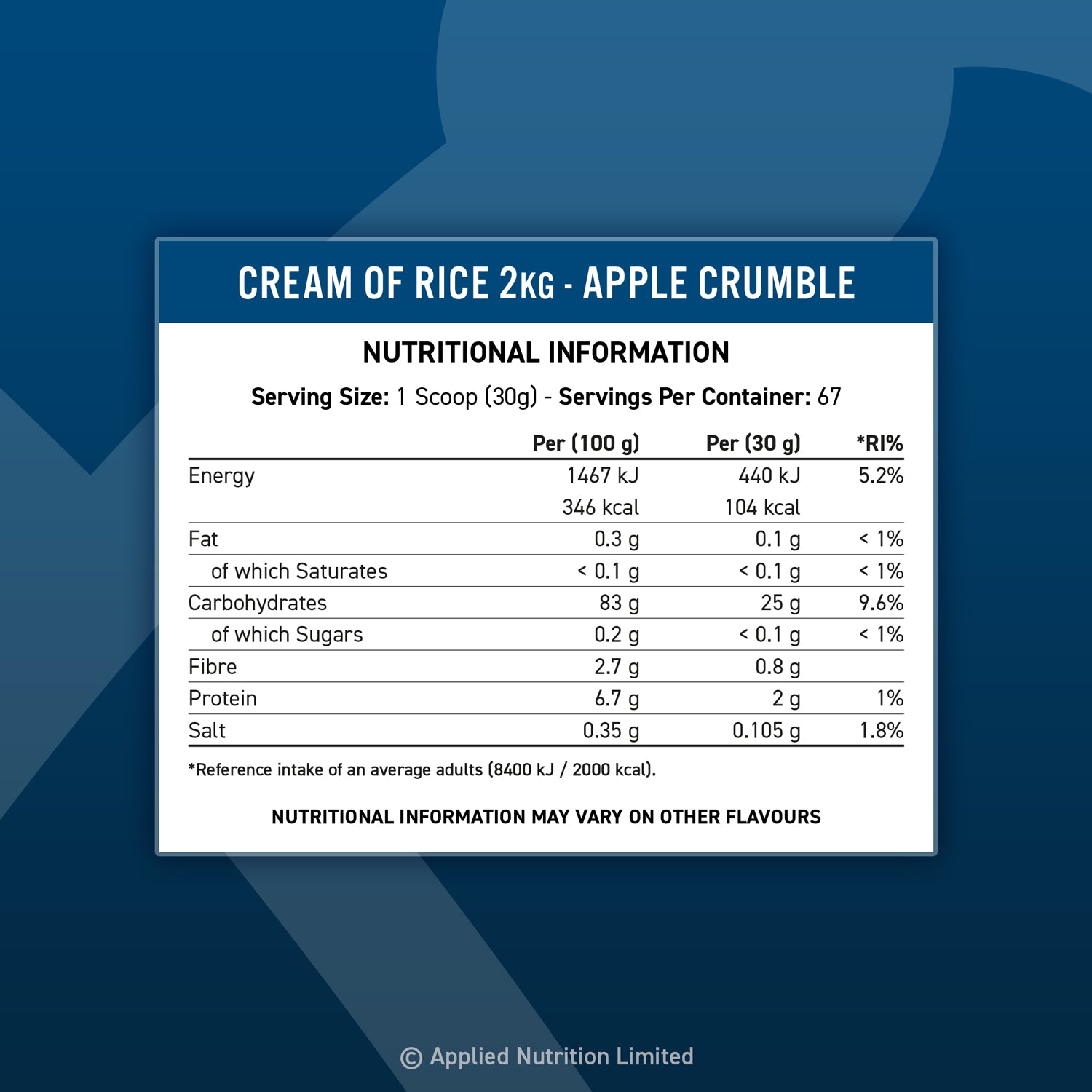 Applied Nutrition Cream Of Rice Nutrition Facts label